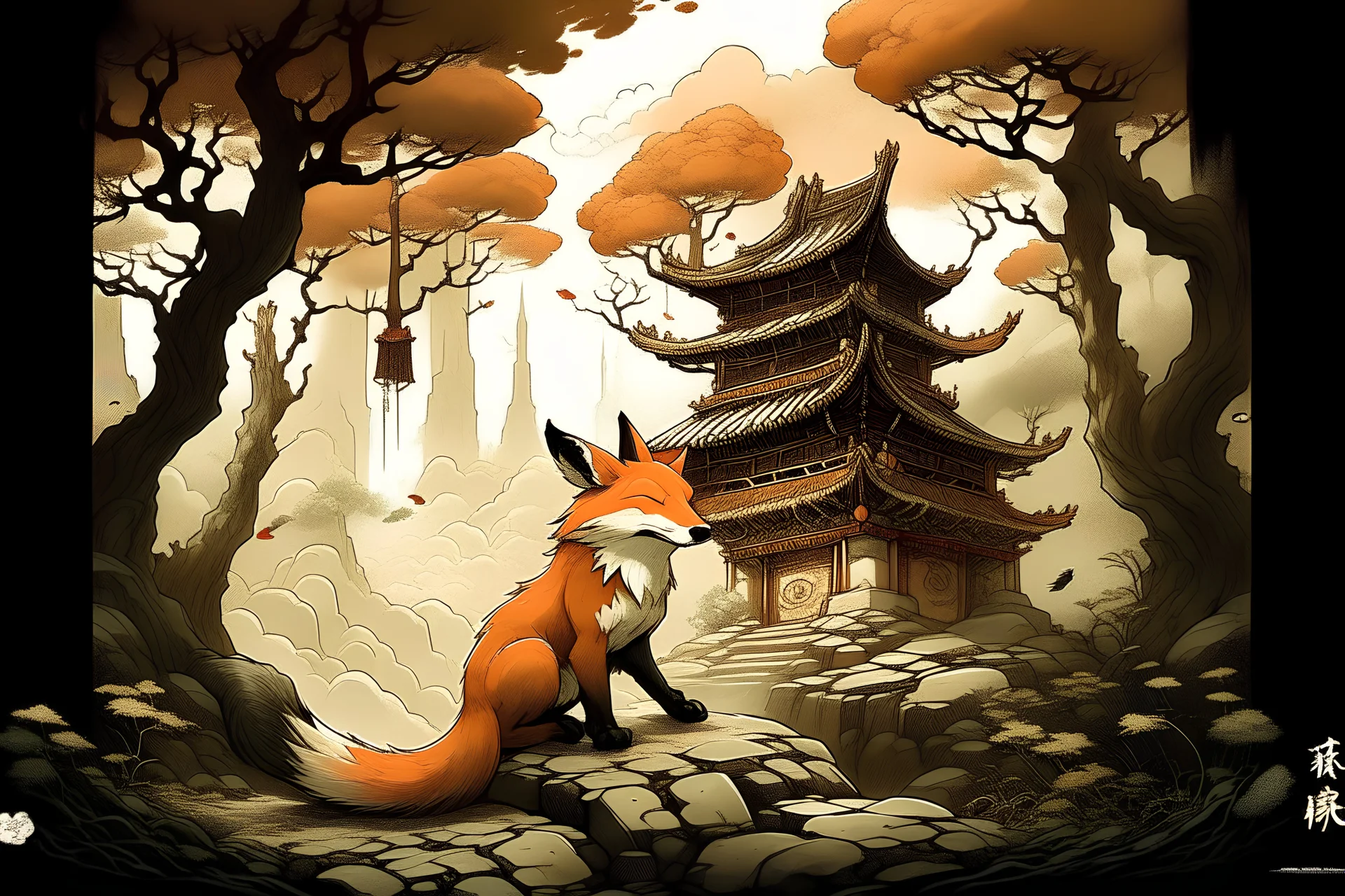 fox, yokai, kitsune, japanese kimone, temple, forest