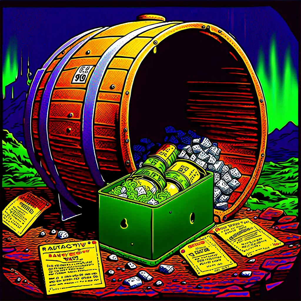 90's TCG fantasy artwork art of radioactive waste barrel