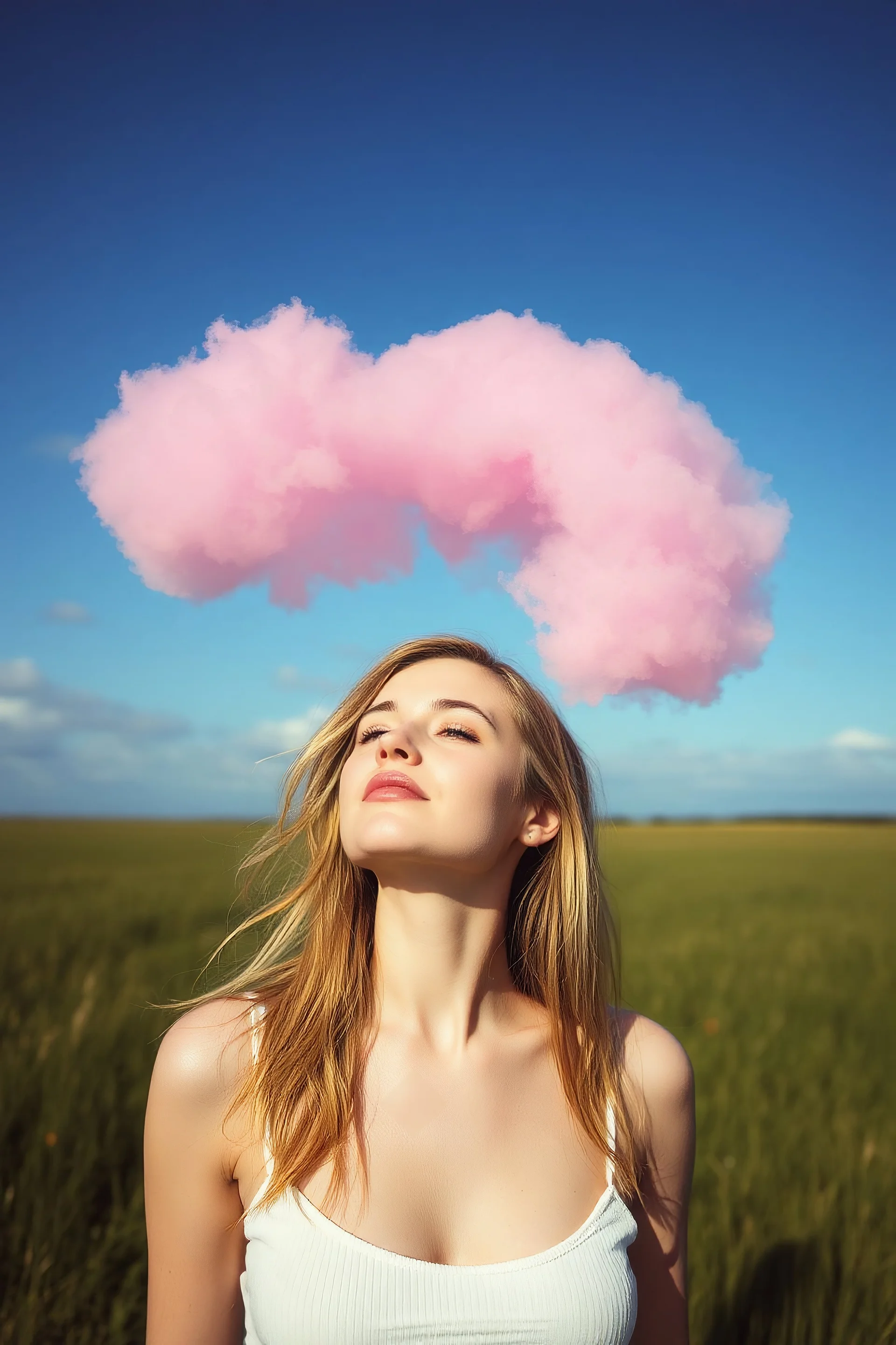 A pink plastic cloud floating in a woman's head sunny