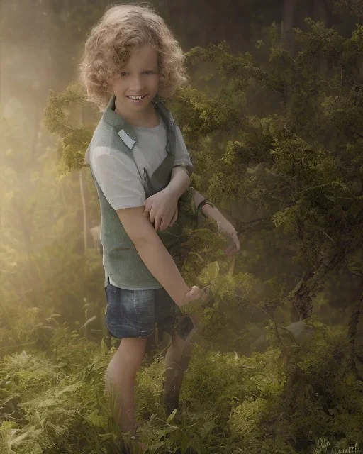 full length photograph of a beautiful 12 year old boy with long, blonde curly hair and light blue eyes, smiling, standing on a green hill in summer, highly detailed, smooth, photorealistic, digital art, HDR