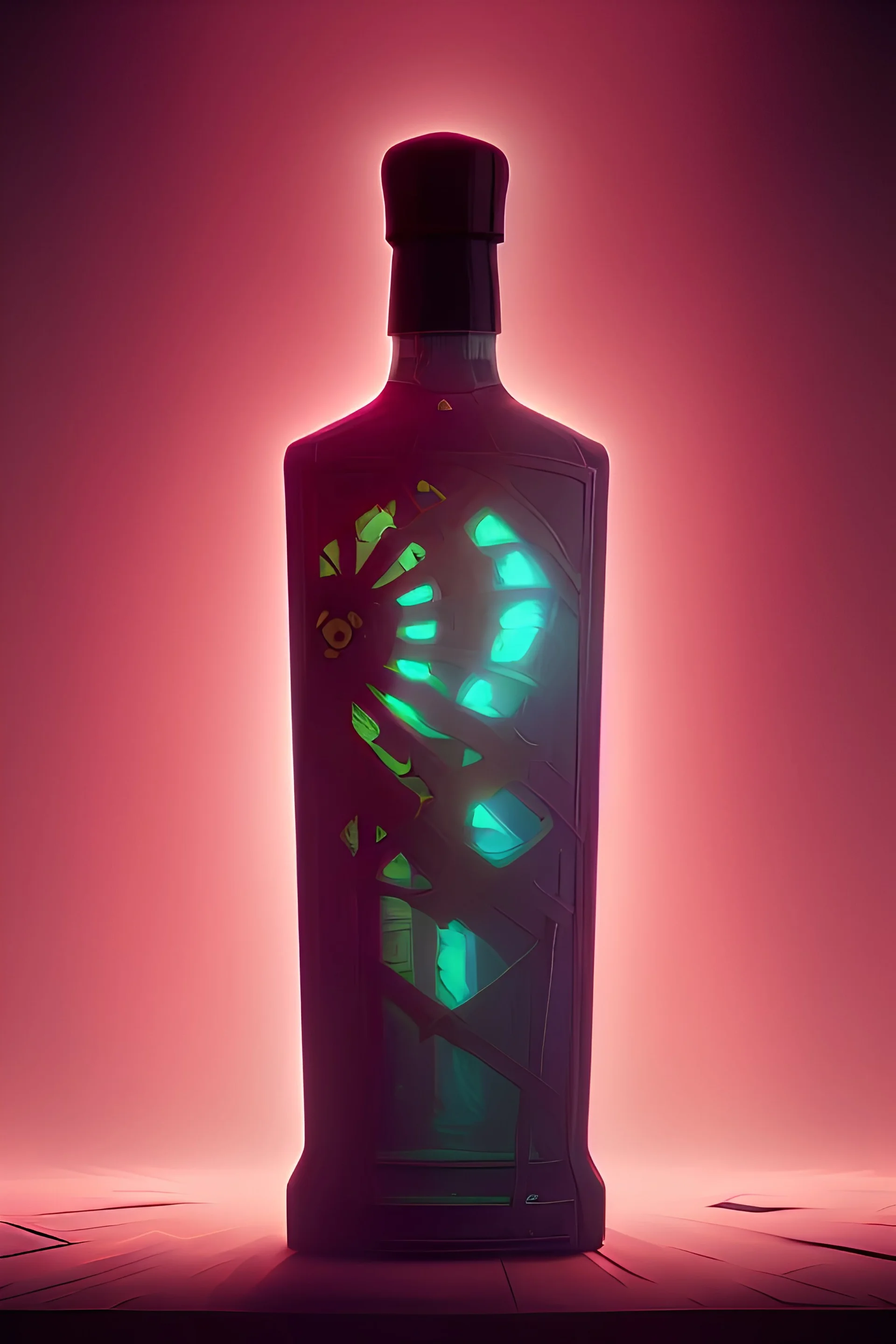 dark skyline, ghostly liqueur bottle, steampunk