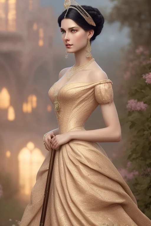 beautiful and gorgerous duchess with incredible jewellery in 19th century clothing by Greg Rutkowski and Artgerm and Emile Vernon and Vladimir Volegov, in a brown dress, mystical castle background, art illustration, natural beauty, muted colors, pastels, perfect fingers, higly detailed, expressive, high detail, symmetrical, digital painting, symmetrical eyes, dynamic lighting, artstation, cinematic lighting, intricate artwork, emitting diodes, smoke, artillery, sparks, racks, system unit, mother