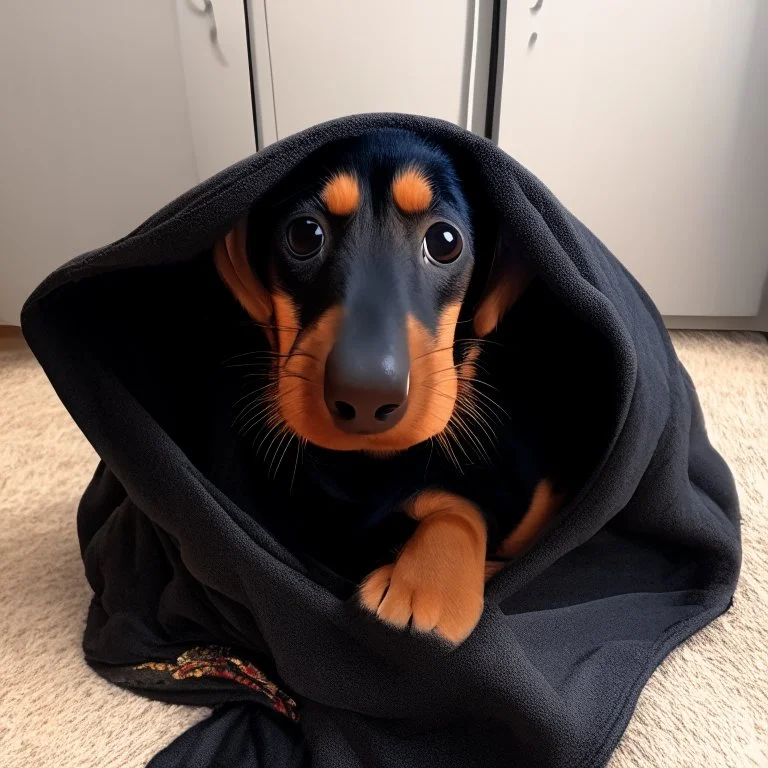 Make a disney style picture for my puppy with a blanket on her head. realistic disney setting, black and tan dachshund