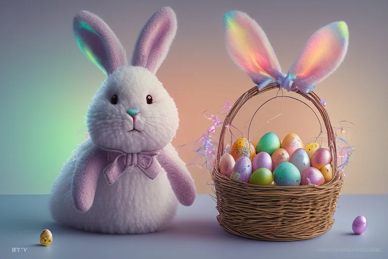 cute chibi plushy fluffy knitted and embroidered natural colored easter bunny in basket, feathers, easter eggs, iridescent flowers incorporated, light emitting, cracked bioluminescent holographic marble background, silver foil, sparkling diamonds, holographic raw pearls, ethereal, cinematic postprocessing