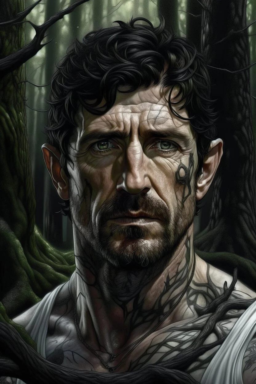 Photographic portrait Patrick Dempsey as fantasy alpha werewolf in human form very muscular short cropped black hair and stubble on chin, tribal tattoos wearing white button up shirt with rolled up sleeves realistic face, close-up, dark fantasy, fantasy forest, intricate details, hyper detailed, deviant art style