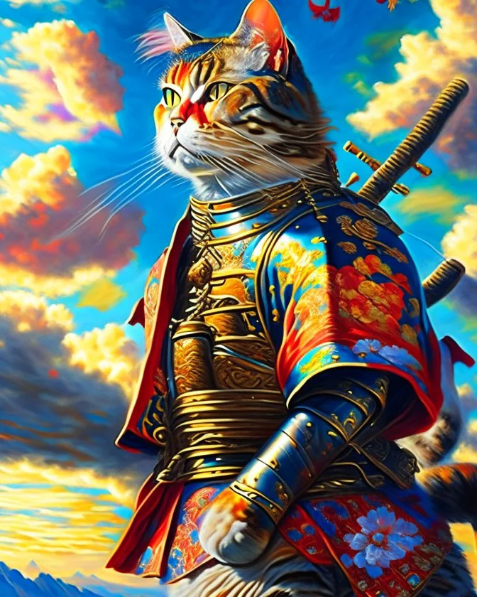 Gato Samurai cuerpo completo pintura al óleo renacentista hiperdetallado colores contrastantes cielo soleado 8k