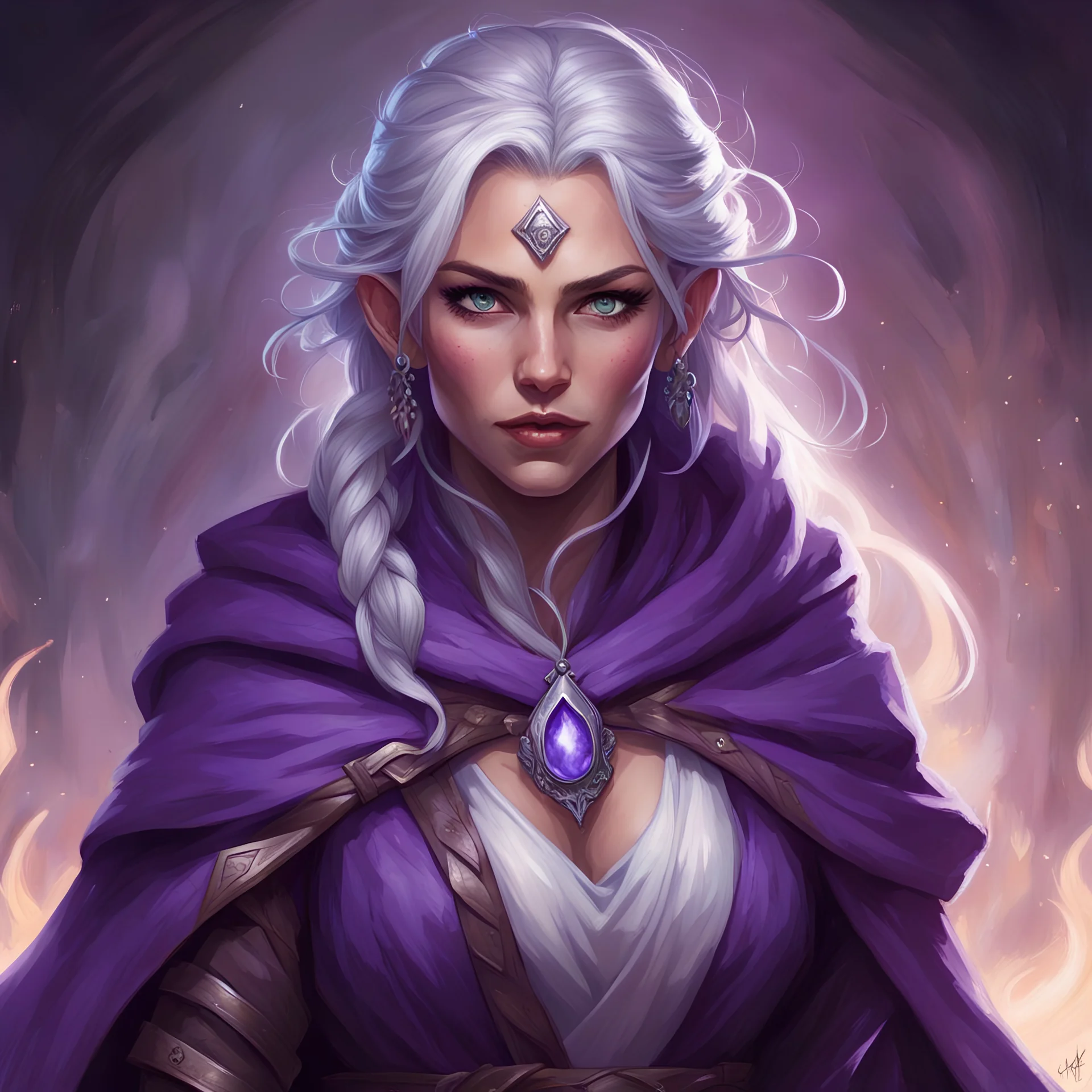 dungeons & dragons; portrait; human; female; sorcerer; wild magic; silver hair; braids; violet eyes; cloak; robes