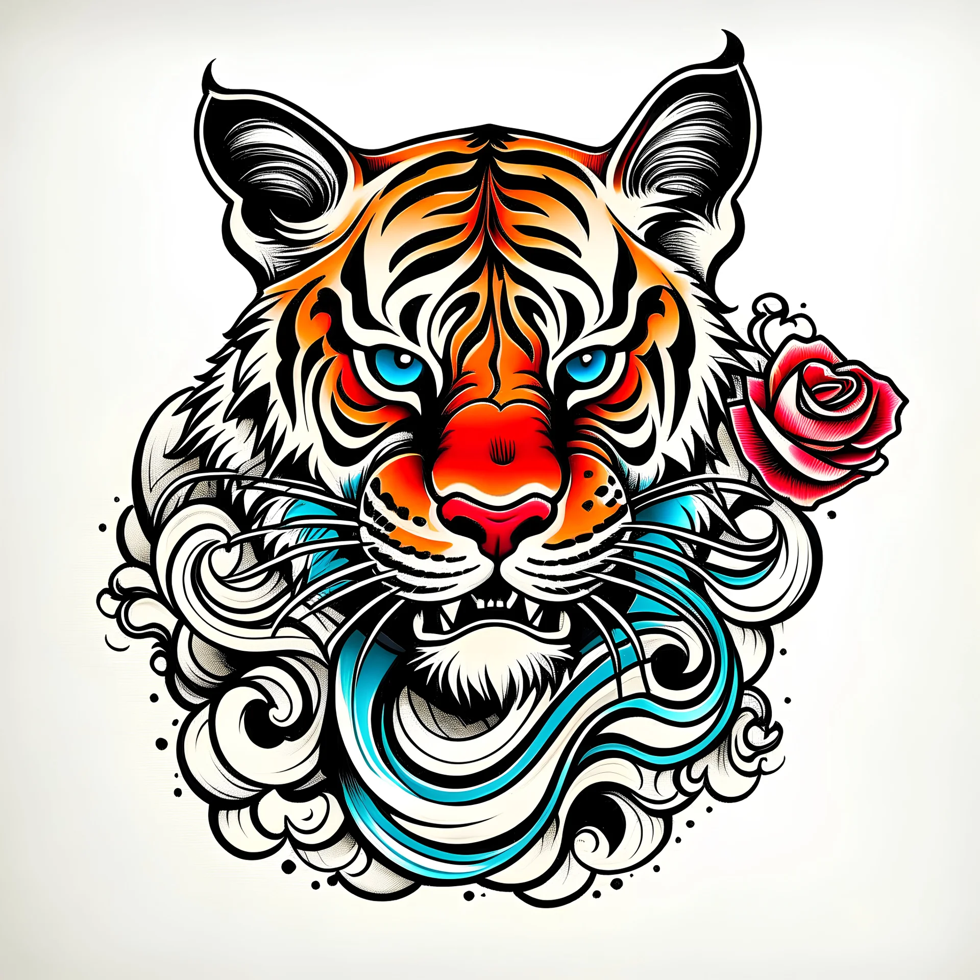 a modern tattoo design, old school style, thick black lines, on a plain white background, featuring a japanese tiger as the main element, minimal style, vibrant saturated color palette, Hand drawn aesthetic, old school style with hints of American traditional tattoo style