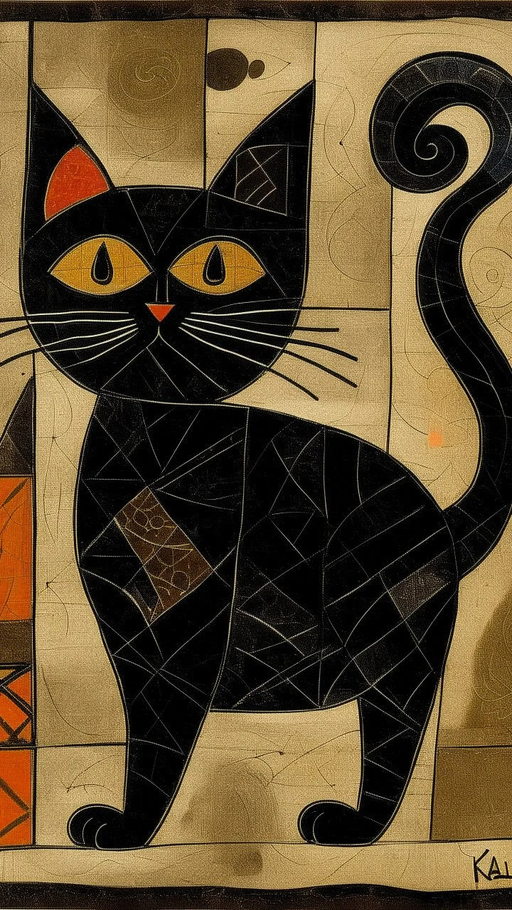 A black shadow elemental cat designed in medieval tapestry painted by Paul Klee