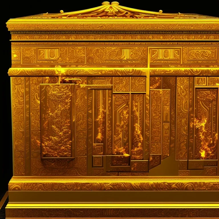 golden sarcophagus with fire on the inside, in a dungeon, dark