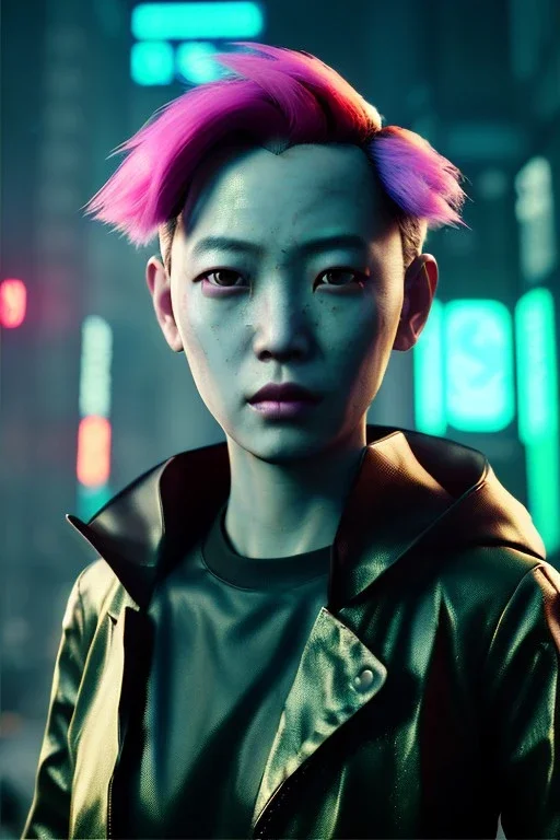 Cyberpunk portrait, Asian woman:: symmetry photography, cyberpunk, pink hair, face make-up, black line eye, light iris eye, :: kenzo fashion style, coat :: cinematic, Ultra realistic, dark scene, soft color, highly detailed, unreal engine 5, RTX, ultra detail, 3d, finely drawn, high definition.