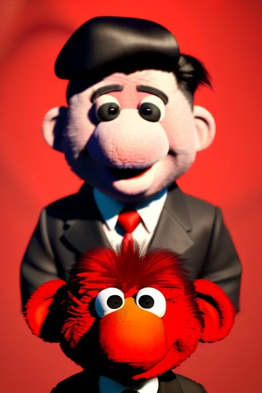 Waist up muppet Portrait, Kim Jong-un as muppet doll, black suit, photo studio, red background, unreal engine 5, concept art, art station, god lights, ray tracing, RTX, lumen lighting, ultra detail, volumetric lighting, 3d.