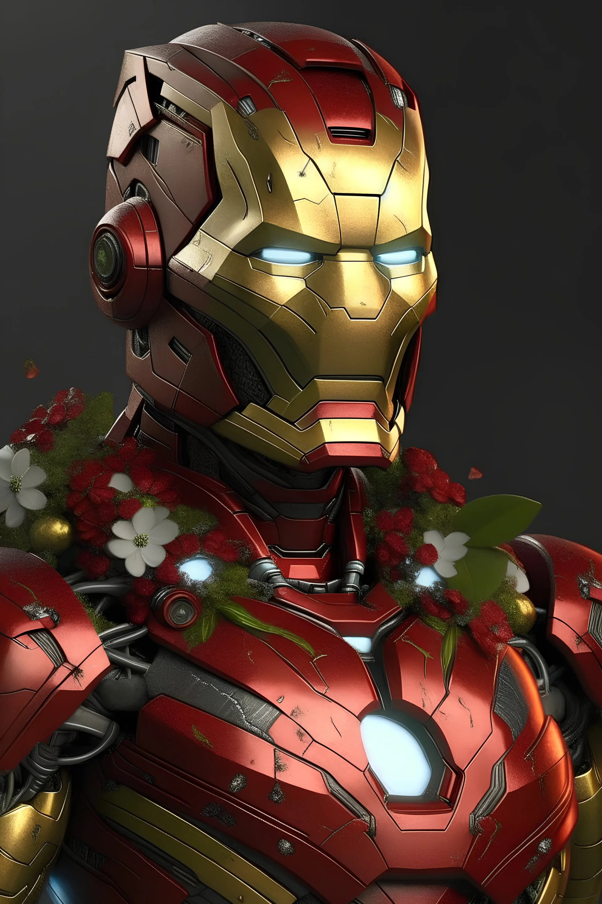 super detailed realistic iron man wearing a flower crown