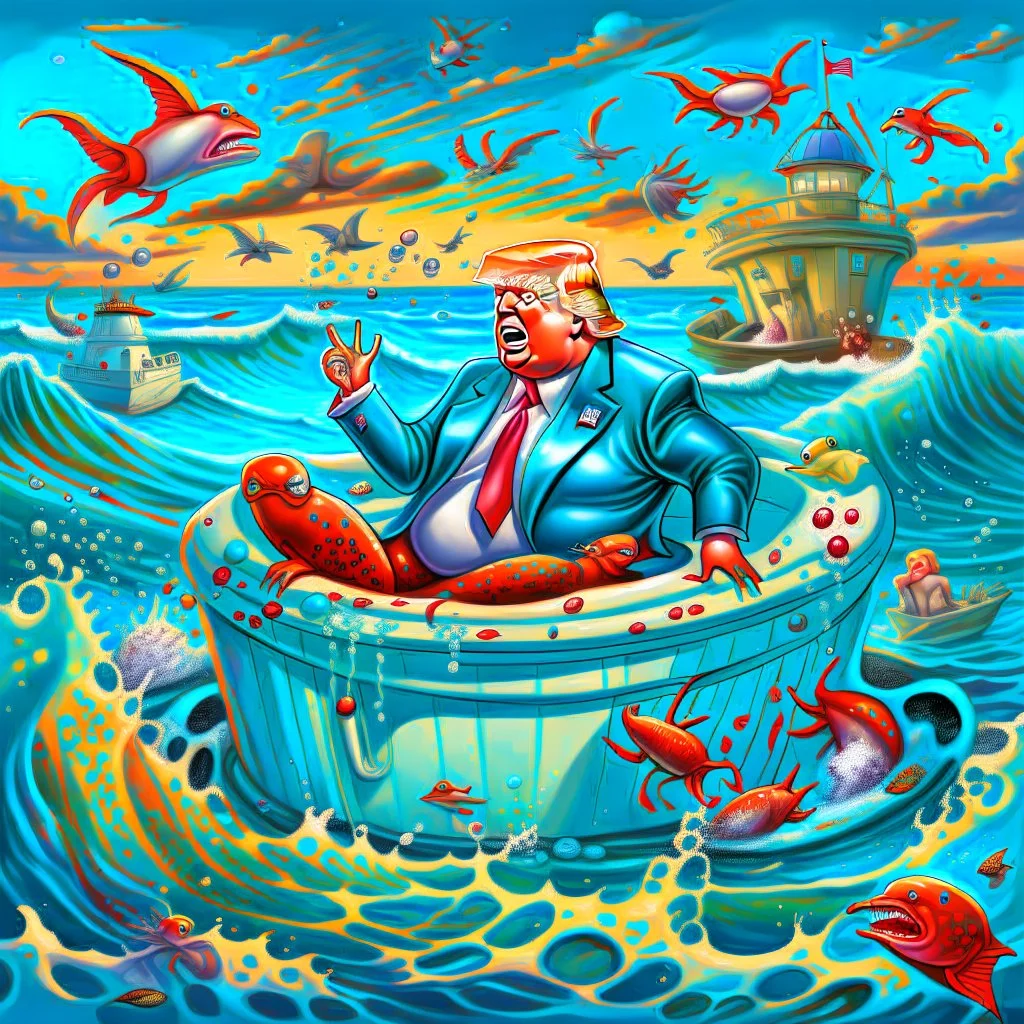 Donald Trump as a Fat man in a claw foot bathtub sinking in the ocean. Water lapping at the top of the tub. Panic on his face. Scared, screaming for help. Surrounded by seagulls, lobsters and crabs. there is a colorful light house with dark stormy skies in the background. Lightening and wind blows. He's in trouble.