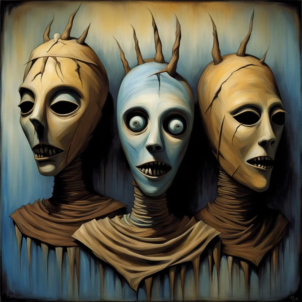 Horror mummy masks, surrealism, by Yves Tanguy and Brian Froud, brilliantly grounded against the backdrop of an elusive nightmare, palpable textures, distressing colorful hues.