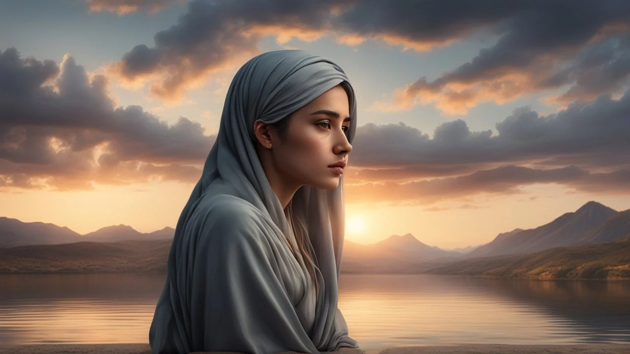 Hyper Realistic Sad Pukhtoon Young-Woman with a cloudy sunset riverside & mountains at the back