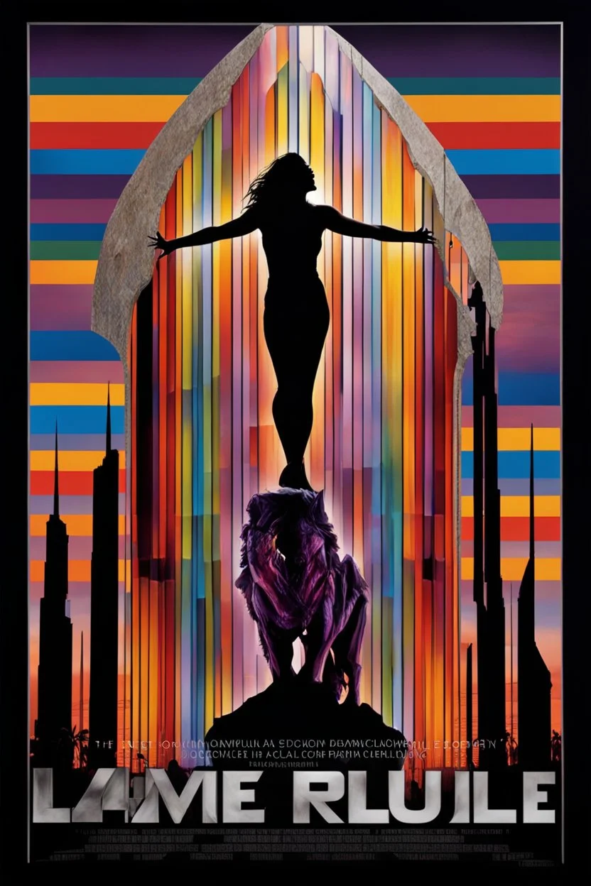 24x36 inch movie poster - "The End of Life" - a multicolored, stained, spectral, glass fragment, prism, 3D sculpture, a woman standing on the precipice looking down into the void while a giant, snarling werewolf rears up behind her, and Motley Crue plays a concert in California at the same location that an indian with black hair smoked a piece pipe with Quazimoto before he got whipped by the constable of Naples