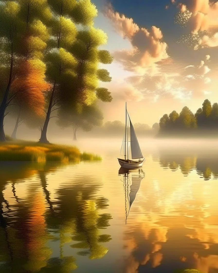 serene landscape of a peaceful lake at sunrise, with misty fog rising from the calm water, surrounded by lush green trees and vibrant flowers. A solo sailboat with a white sail billows in the gentle breeze in the distance. The warm sunlight casts a golden glow on the scene, with the sky transitioning from soft pink to gentle blue and feathery clouds. The trees are reflected perfectly in the still water, creating symmetry and balance. Evocative of a tranquil and harmonious m