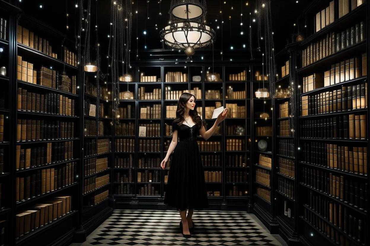 full-height shot of a woman in a tifull-height shot of a woman in a tight black dress, inside a large magic book shop, shelving, lights, books, bottles, windowsght black dress, holding up small glowing symbols, inside a magic book shop