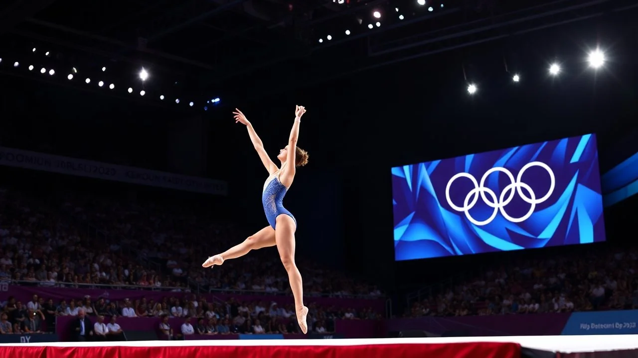 Please provide a detailed Photo of a female gymnast performing her rythmic floor exercise at the Olympic Games. Include specific elements of her performance, such as her choreography, the difficulty of her moves, her artistry, and how she engages the audience. Additionally, describe the atmosphere of the event, the reactions of the crowd, and any notable aspects of her presentation. The output should be structured in a way that captures the excitement and technical skill of the performanc