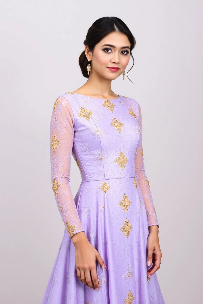 На ней сиреневое платье с узором и с золотым оформлением.