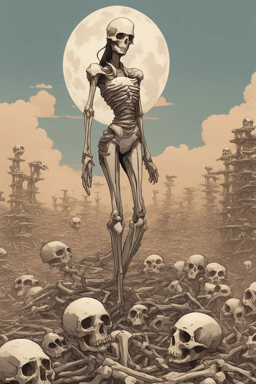 a bone yard with a tall android woman standing at the top of a pile of bones