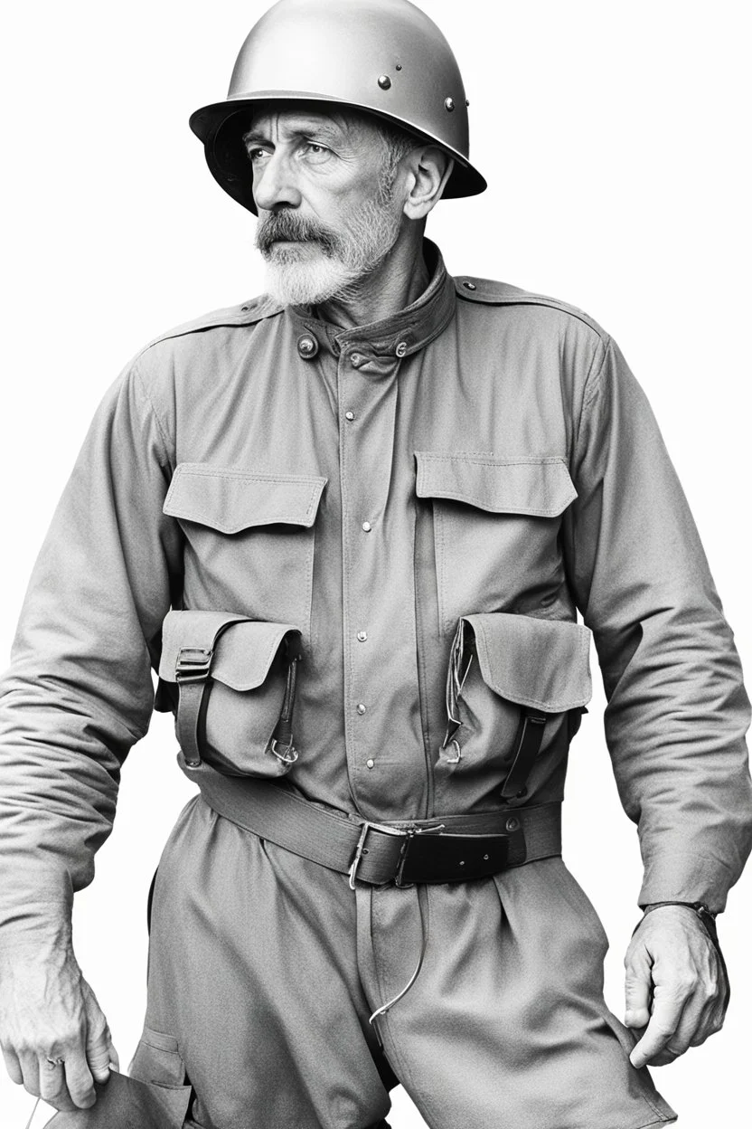 3/4 side view, head to waist image, professional quality photograph, a physically fit, extremely muscular, athletic, middle-aged man, Jay Garrick a, with broad shoulders and massive arms, short, graying hair and a goatee, dark eyes, large, curved nose, and a square jawline, wearing a silver metal world war I Military hard hat with a flat brim all around it and gold lightning bolts on either side, and a (((long-sleeved))), red, cotton, pullover shirt with lightning on the chest, blue skinny jeans