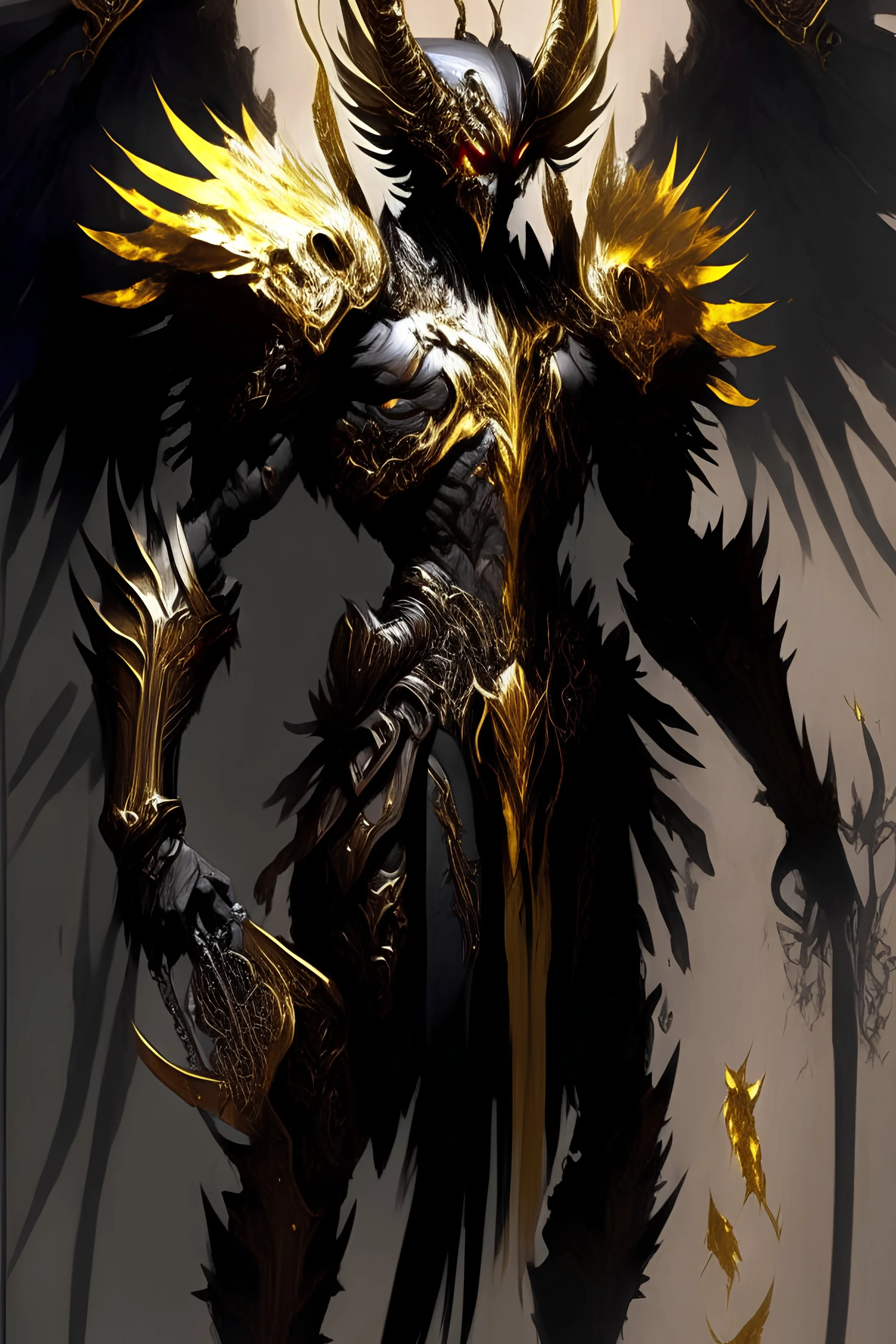 an image of a demonic creature with wings, archaon the everchosen, ornate supreme demon overlord, diablo digital concept art, diablo concept art, epic exquisite character art, omen from valorant, concept art of omegamon, angelic golden armor, infernal art in good quality, dark fantasy character design, black and golden armor, saint michael the angel