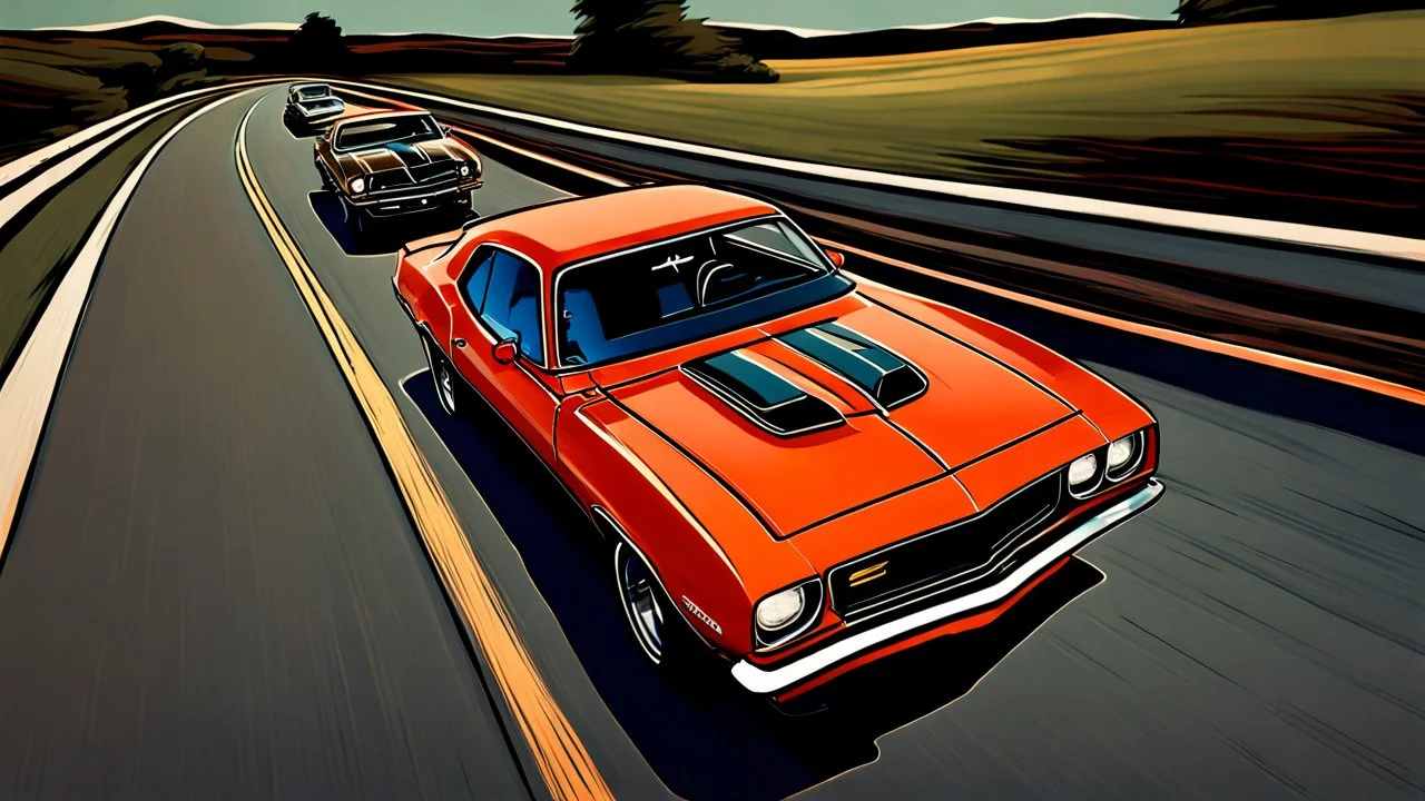 Vogelperspektive halbfrontal nah von limettengrünem 1970er Plymouth AAR ´Cuda und orangem 1980er Chevrolet Camaro Z28 auf nächtlicher Autobahn beim überholen