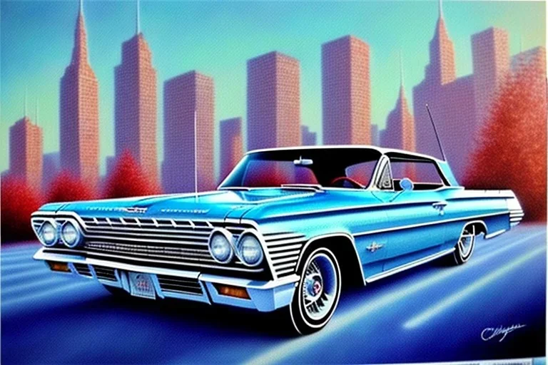 a true-to-life 1963 Chevrolet Impala, centered, intricate, extreme detailed, photorealism, center view, city background, pivot on chevrolet, pen and color marker painting by cheryl kelley