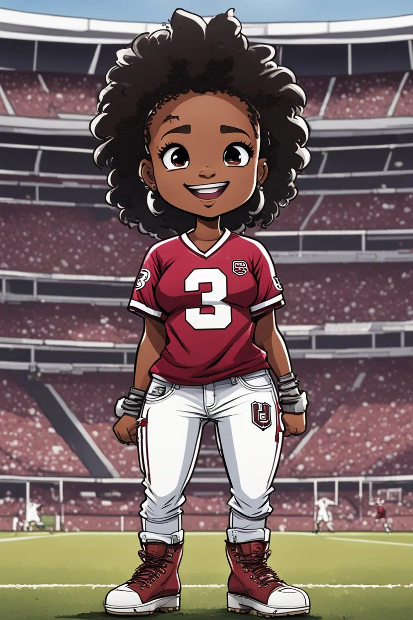 A sassy thick-lined comic book art cartoon image of a black chibi girl standing in front of a football stadium. She is wearing a University of South Carolina football jersey with tight white jeans and timberland boots. behind her curvy body. Looking up coyly, she grins widely, showing sharp teeth. Her poofy hair forms a mane framing her confident, regal expression. Prominent maekup with hazel eyes. Hair is highly detailed.