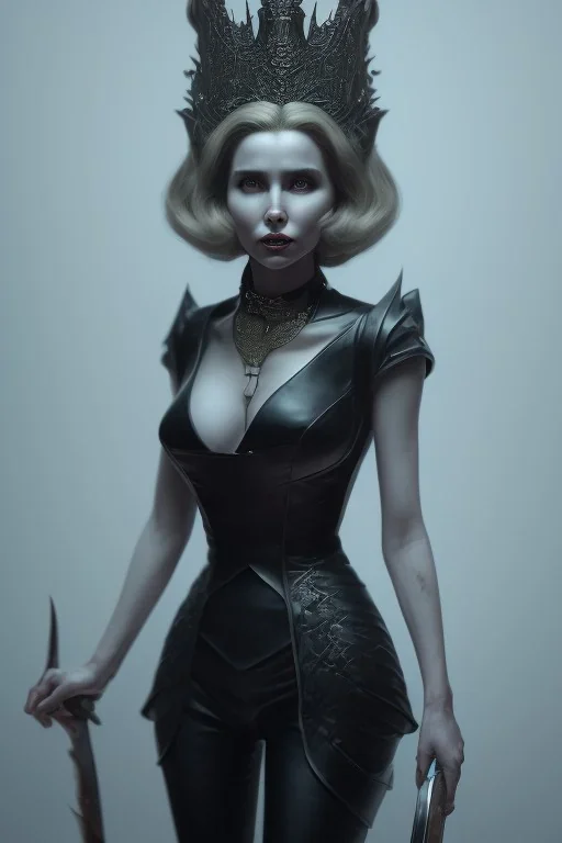 Constance Langdon as evil queen in black leather, leather, busty, cleavage, angry, stern look. character design by cory loftis, fenghua zhong, ryohei hase, ismail inceoglu and ruan jia. unreal engine 5, artistic lighting, highly detailed, photorealistic, fantasy