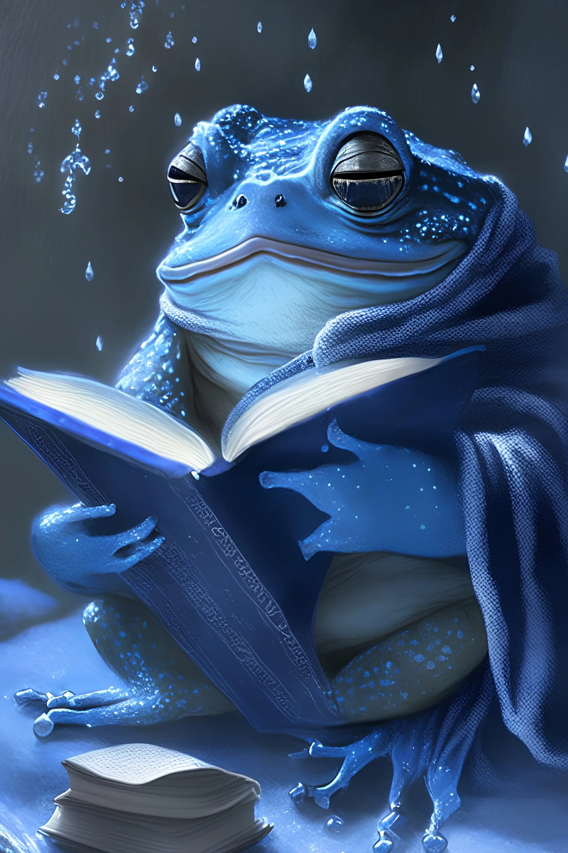 a young happy iceblue toad wearing a black scarf and reading a sorcery book