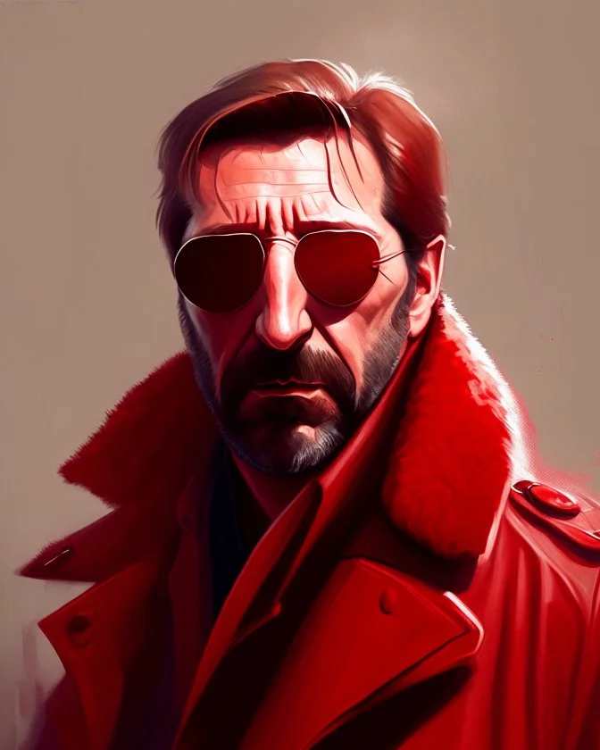 a man who looks like hans gruber wearing a trench coat and red sunglasses staring with a judgmental look on his face