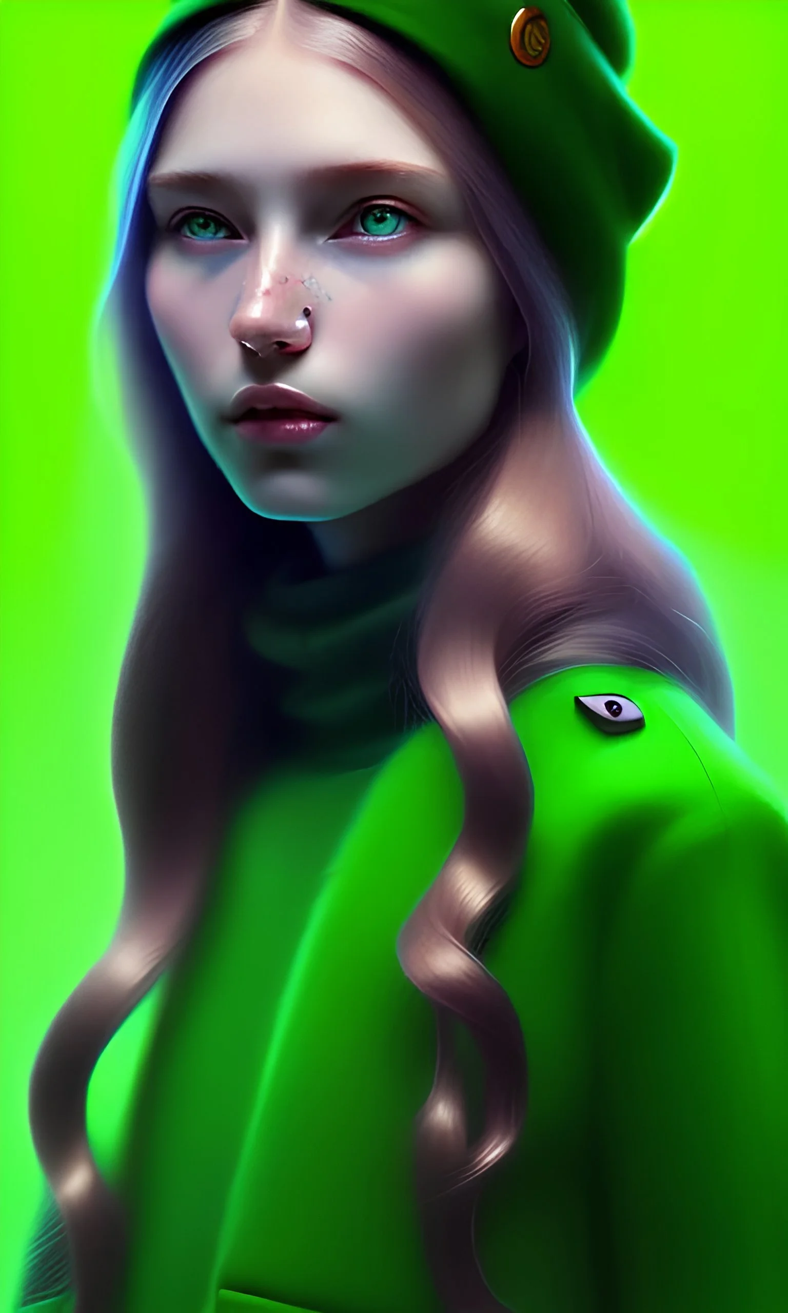 girl, cute, beautiful, long hair, wavy hair, green hair, blue eyes, green beanie, green coat, black tee shirt, green shorts, head and shoulders portrait, 8k resolution concept art portrait by Greg Rutkowski, Artgerm, WLOP, Alphonse Mucha dynamic lighting hyperdetailed intricately detailed