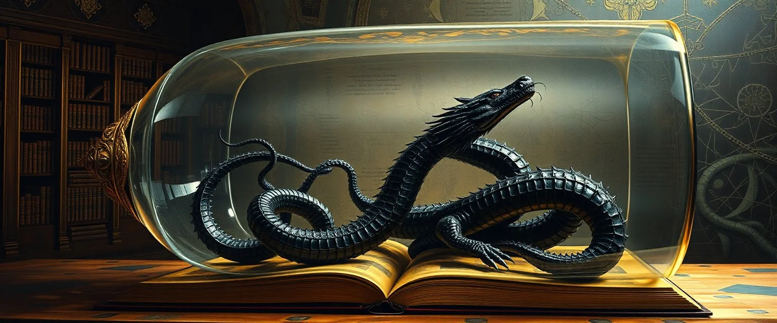 master oil painting by Escher and Giger, ancient library book obsidian chrome black serpent dragon inside huge transparent vase and with gold, master 3d models, book of the dead