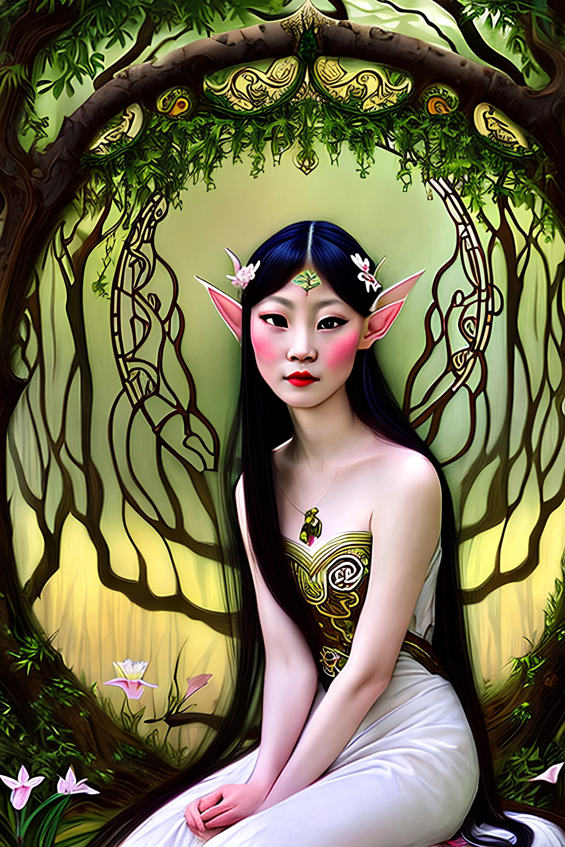 Art Nouveau art style A beautiful as a model asian woodland elf princess who looks like a young Lucy Liu seated on a throne in a mystical forest, photo-realistic