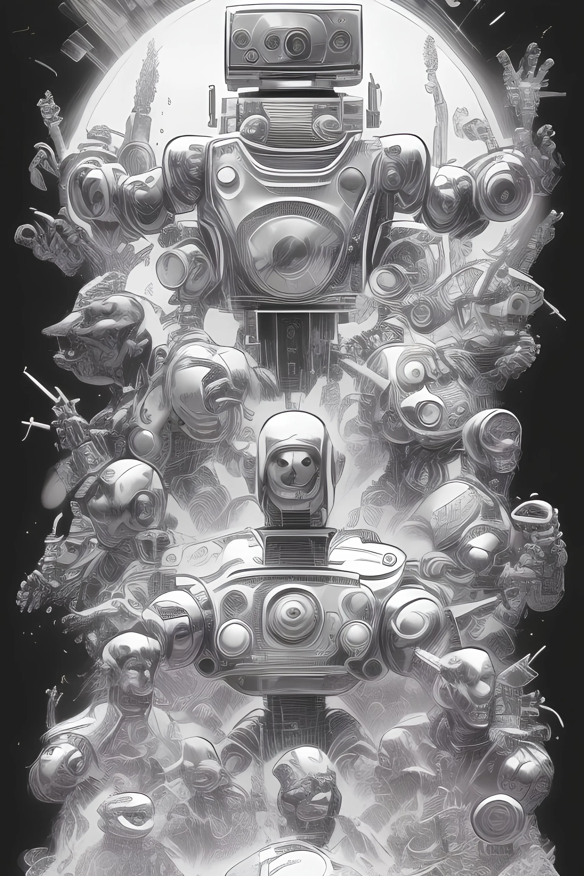 Sketches of Robot by Jack Kirby, Dave Gibbons, Mike Mignola, highly detailed, pencil sketch, ultra realistic, dynamic pose, hight quality art