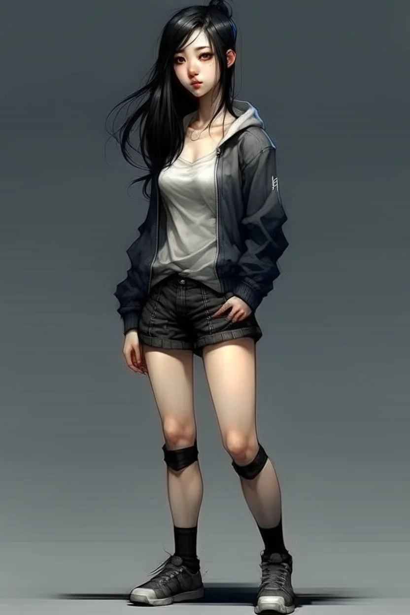 pretty girl, aged 15, black hair, conventionally attractive, full body, sporty, lean, dystopia