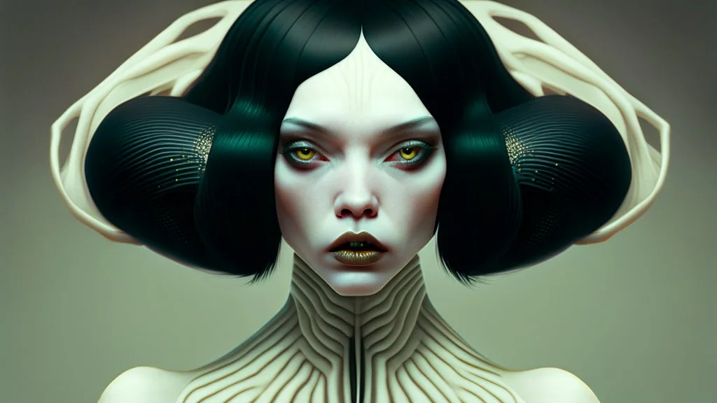 pale alien woman wearing exotic clothing. Black hair bob