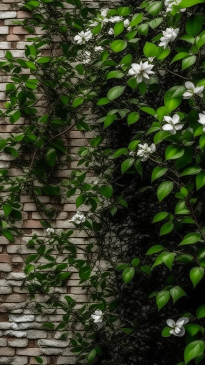 critical point abstract a wall with bricks hanging on it branches of leaves and branches with white jasmine flowers