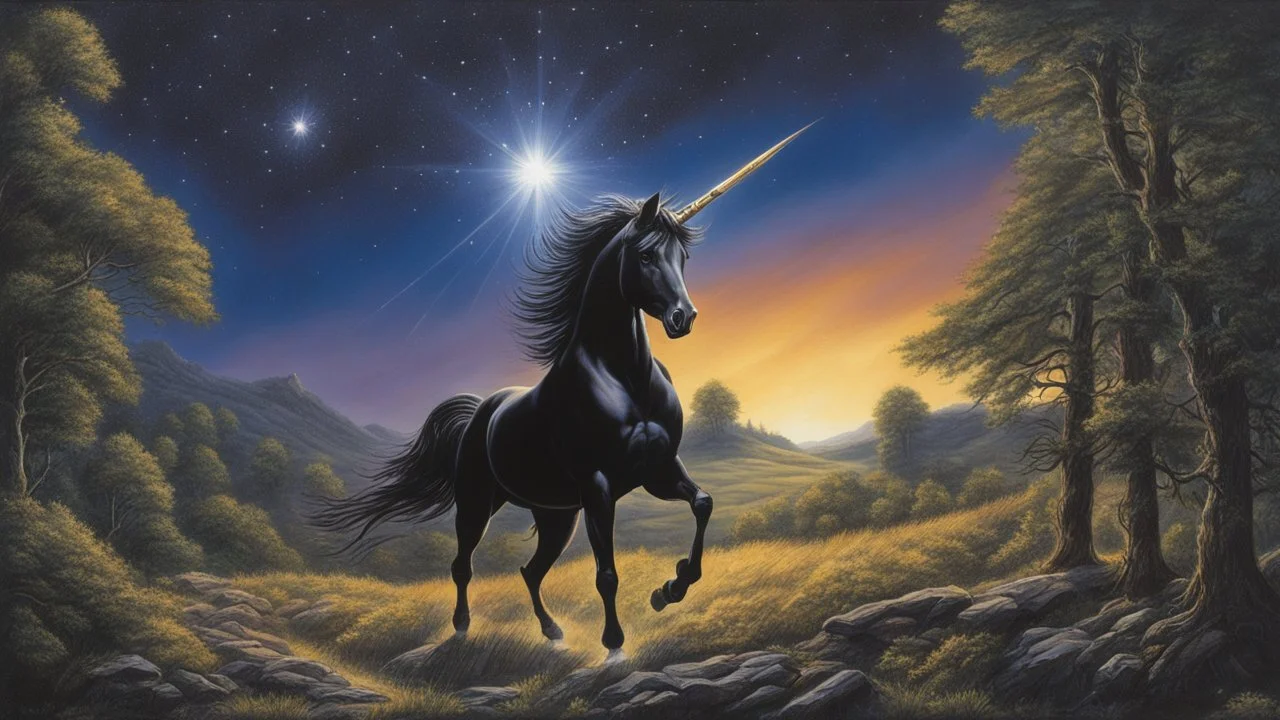 A stunning night sky seen from the bottom of a deep valley. an exploding star. a black unicorn. Painted by Larry Elmore.