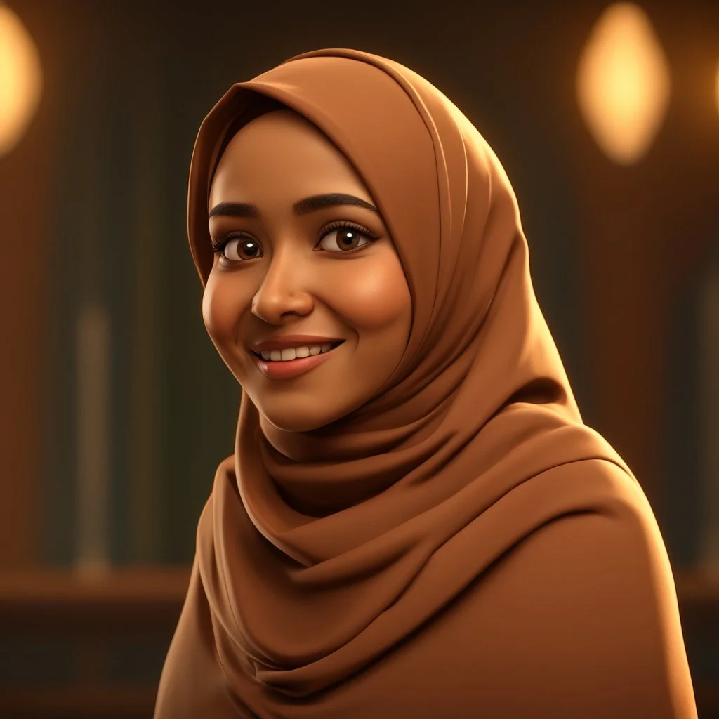 a portrait of smiling moslem woman. indonesian-arab. carricature. wearing headscarf. warm undertone brown skin. black eye pupils. diamond face shape. formal dress. pixar style. 3D. 4k. portrait. highly detailed. sharp focus. high resolution. full color. cinema lighting