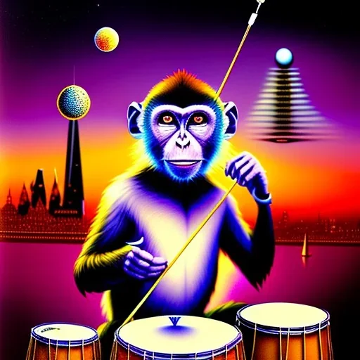 A monkey playing the drums, london skyline at night, in the style of Salvador Dali