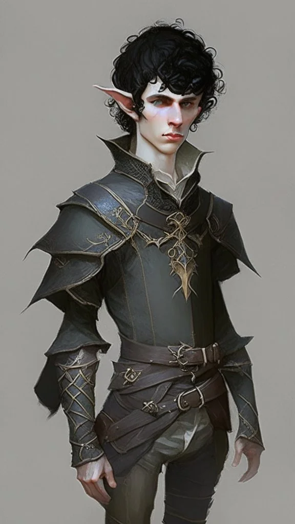 boy elf,he has curly, black hair and sharp cheekbones. His eyes are black. He wears fantasy medieval clothes. he is lean and tall, with pale skin, full body with boots, side view full body