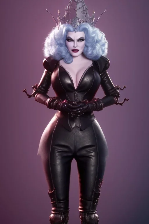 Mae West as evil queen in black leather, leather, busty, cleavage, angry, stern look. character design by cory loftis, fenghua zhong, ryohei hase, ismail inceoglu and ruan jia. unreal engine 5, artistic lighting, highly detailed, photorealistic, fantasy