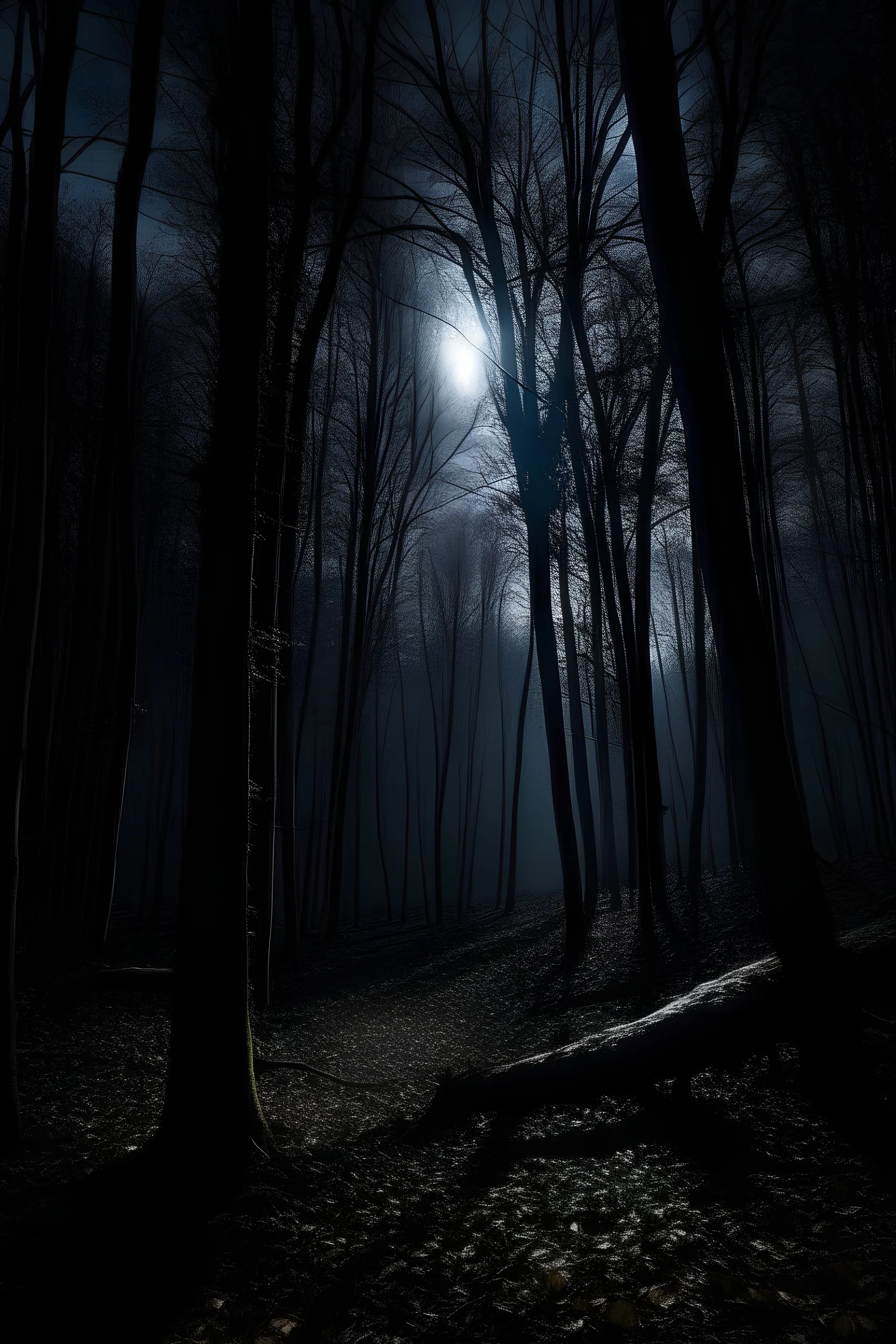 A picture of the moonlit forest, with shadows and light creating an atmospheric setting.