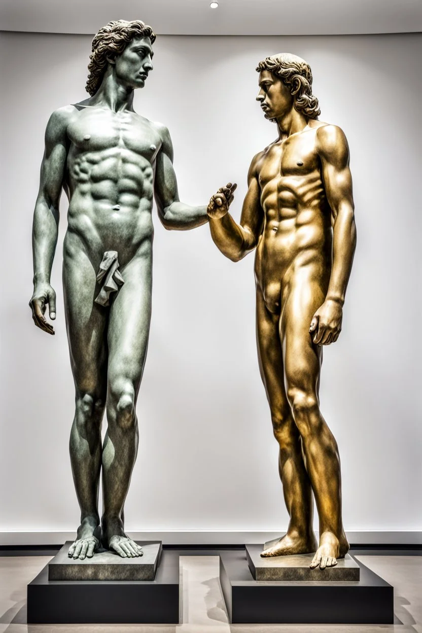 in a modern art display, two famous statues are next to each other, one is David and the other is the Discobulus statue. The discobulus hand covers the private part of David, they both look disgusted at each other