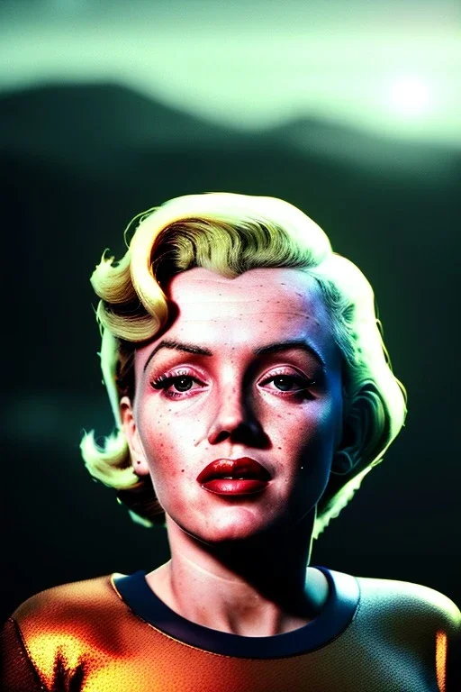 Ultra Realistic retro sci-fi scene, portrait, blonde woman, sweet young Marilyn Monroe face, perfect iris, tight latex coat, Strange planet background, Retro sci-fi style helmet, fog, rain, soft color, highly detailed, unreal engine 5, ray tracing, RTX, lumen lighting, ultra detail, volumetric lighting, 3d, finely drawn, high definition, high resolution.