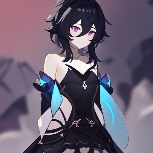 Clear focus, High resolution, rough line sketch art, long black hair, hair between eyes, fluffy hair, purple eyes, wearing a off shoulder shirt, no spaghetti strapes, dark aura, 1girl, wearing a skirt, genshin impact, wearing a little bit revealing outfit